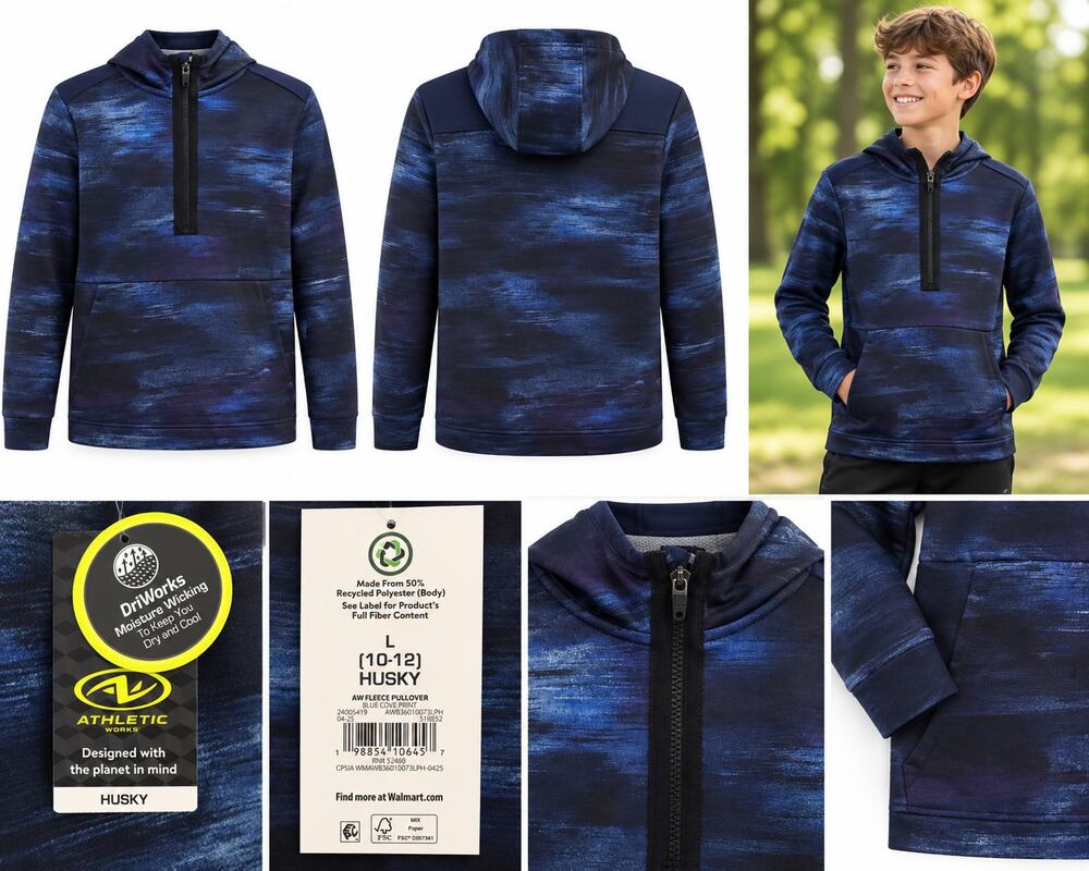 Athletic Works Boys Fleece Pullover Hoodie Blue Cove Print Husky Size L (10-12)